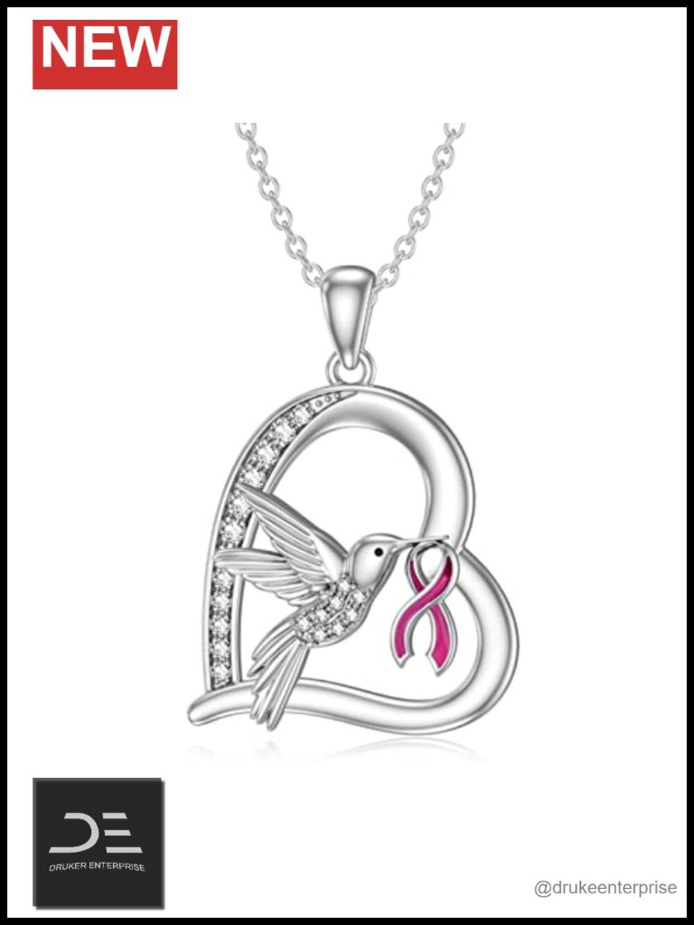 925 Sterling Silver Hummingbird Ribbon Pendant Necklace Cancer Awareness Gift